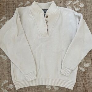 Vintage Cream Lands End Cotton Knit Button-Neck Pullover Sweater Small